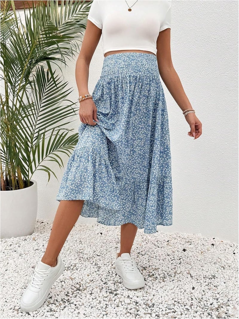 OYOANGLE Women's Maternity Floral Print Boho Midi Skirt Shirred High Waisted Flowy Casual Pregnancy Long Skirts - Image 3